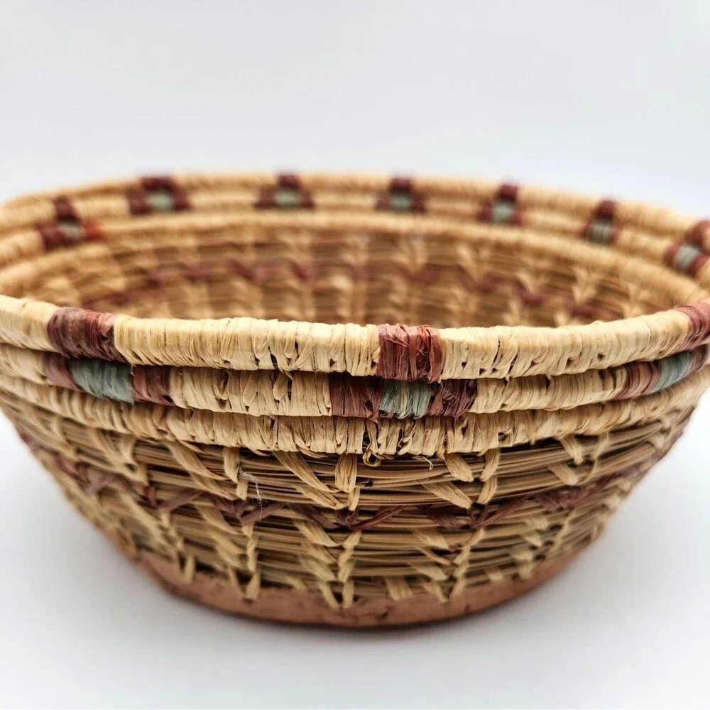 Vtg 2000 Joyce Wenker Handwoven Pine Needle Basket Kachina Clay Base Bowl Signed